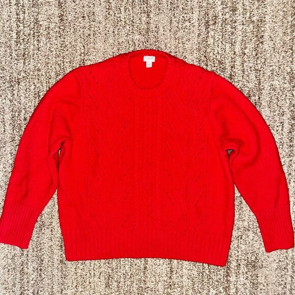 J. Crew Women's Cable Knit Red Preppy Pullover Crewneck Sweater Size 2X - Picture 1 of 13
